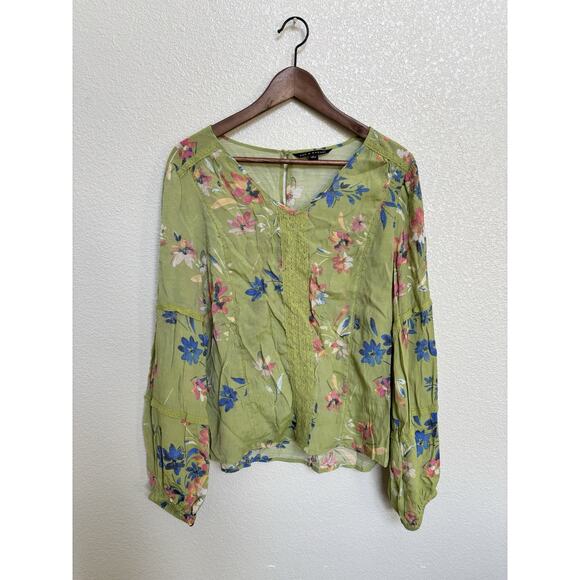 NEW Zac & Rachel green floral boho blouse long sleeve lace lightweight L flowy - Picture 1 of 5
